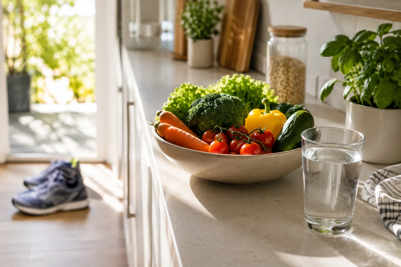 Bol de légumes frais et verre d'eau sur un plan de cuisine