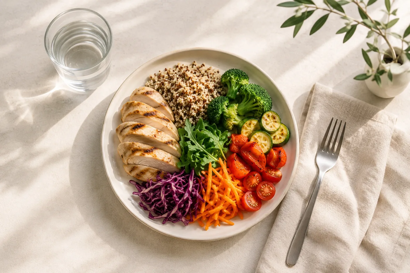 Assiette équilibrée vue du dessus : poulet grillé, quinoa et légumes colorés