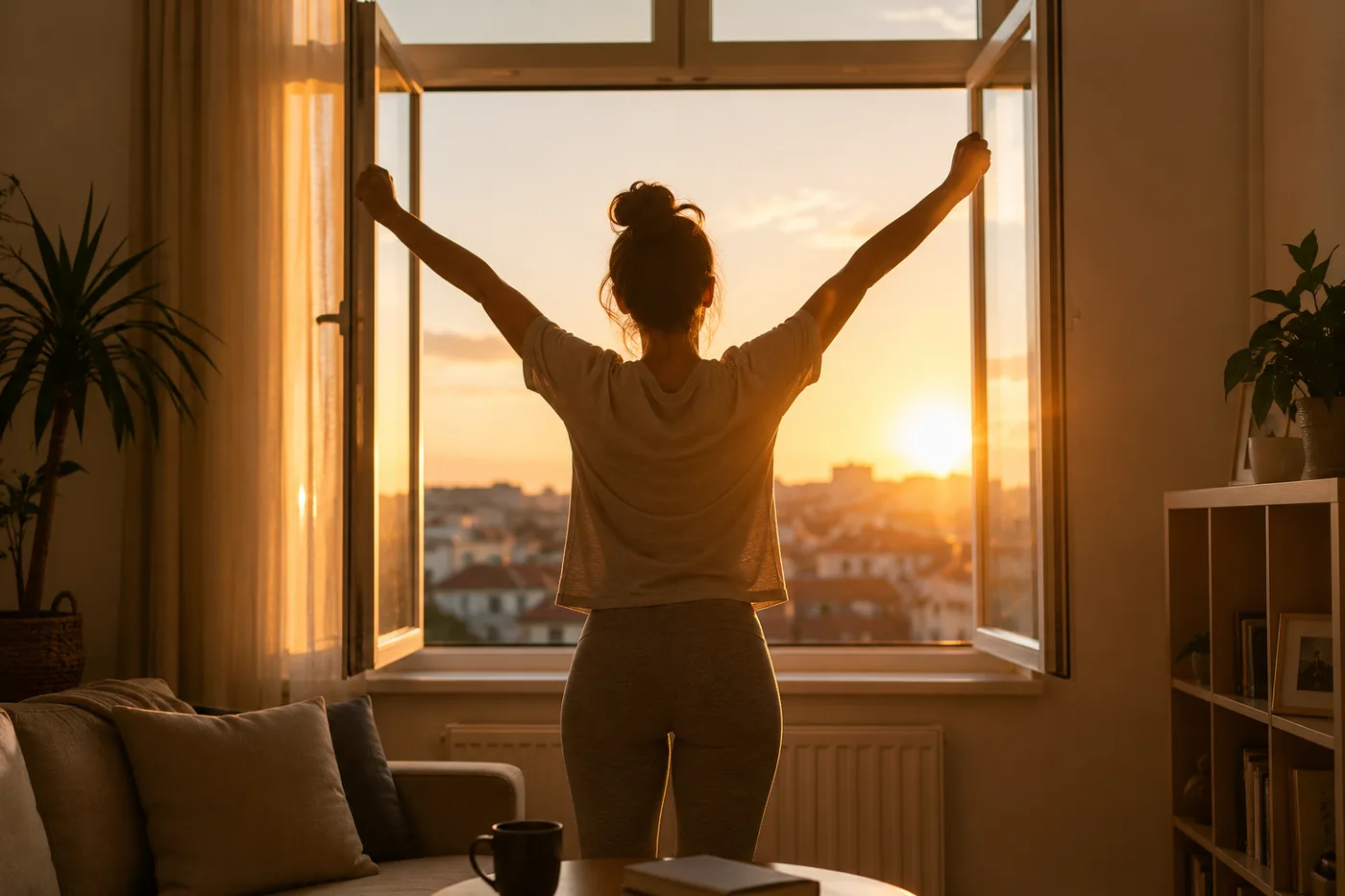 Personne s'étirant devant une fenêtre au lever du soleil