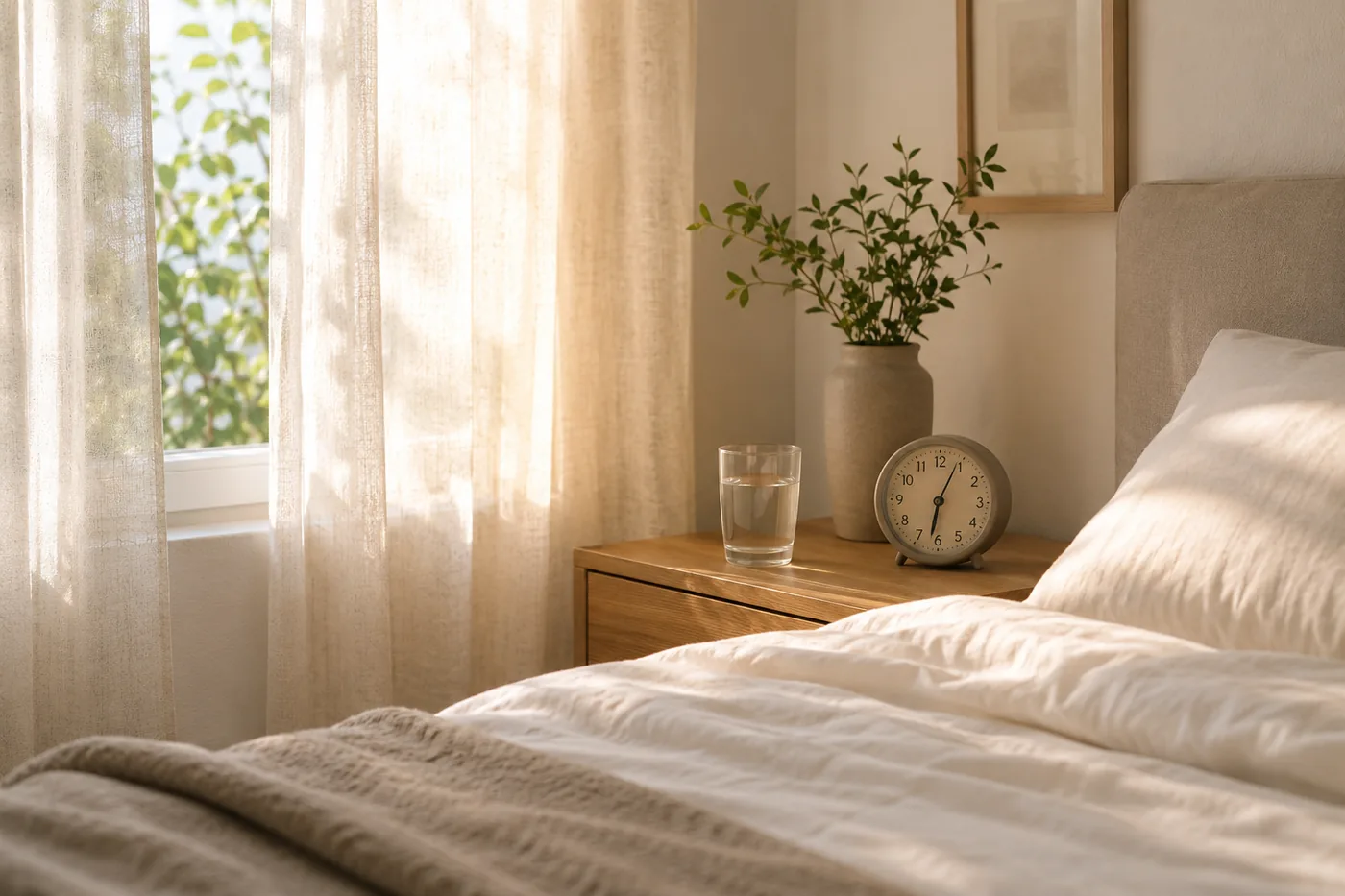 Chambre paisible au petit matin, réveil et verre d'eau sur la table de nuit