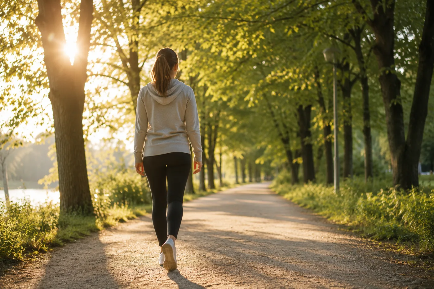 Femme marchant sur un chemin bordé d'arbres au soleil du matin
