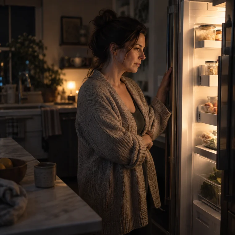 Femme dans sa cuisine le soir, devant le réfrigérateur ouvert